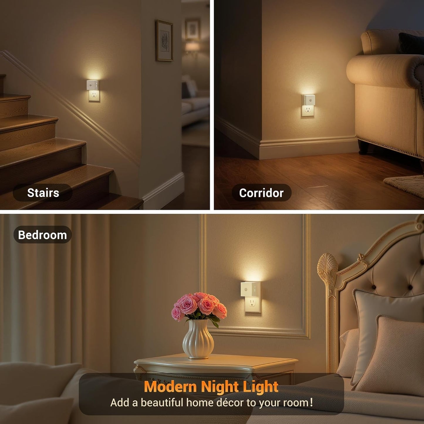 JandCase Motion Sensor Night Light, 2 Pack Motion Activated Night-Lights, 3000K Warm White LED Night Lights Plug into Wall, 30/60LM Adjustable Brightness, for Kids Adults Bathroom Bedroom