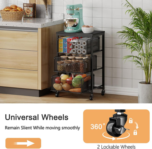 4 Tier Kitchen Rolling Cart, Kitchen Storage Cart with Wheels, Adjust Pantry Organizer and Storage Cart with Drawer, Fruit Vegetable Spice Storage Cart, Wooden Top Metal Kitchen Organizer Rack Stand