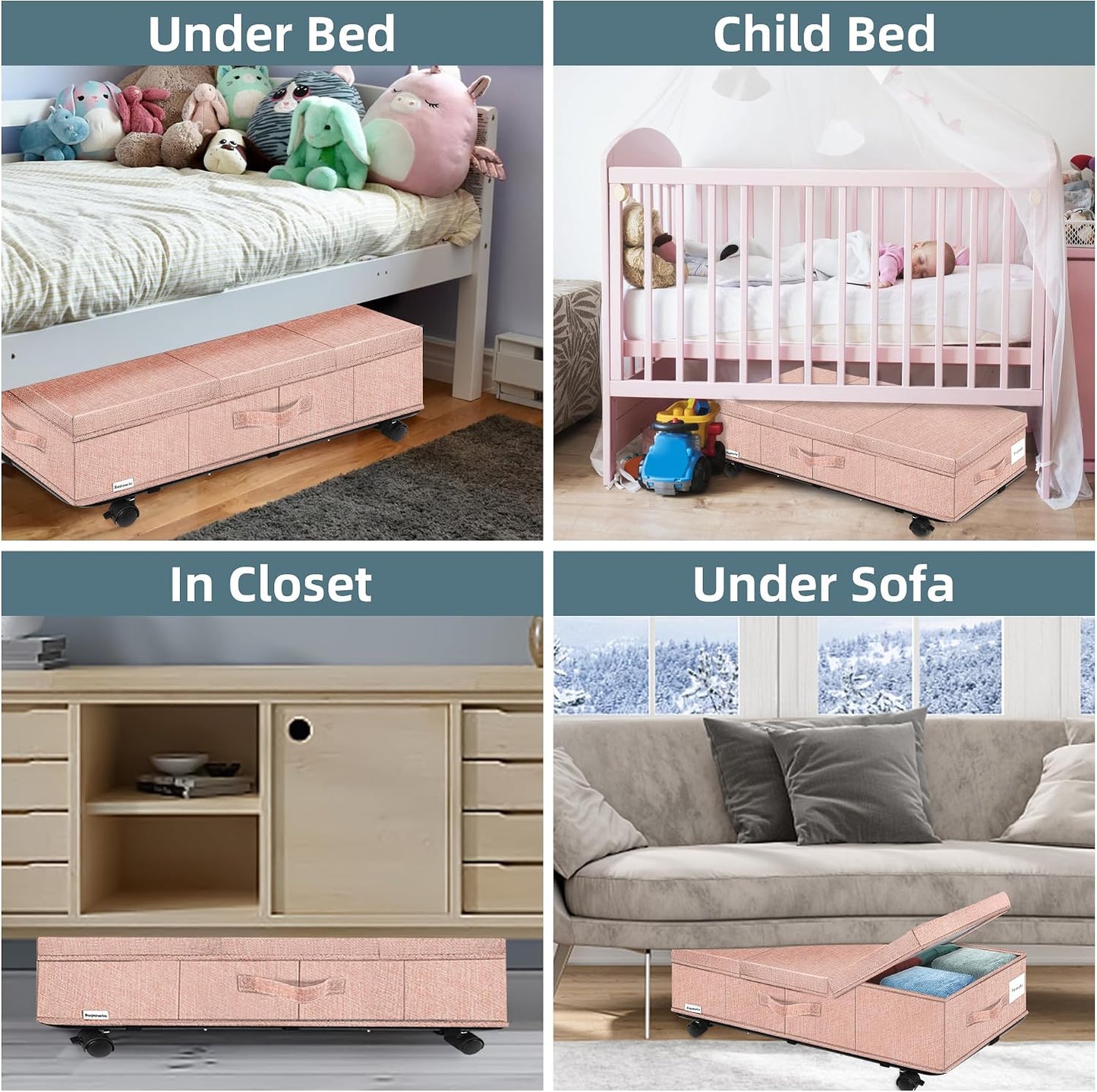 Supowin Under Bed Storage with Wheels, Rolling Underbed Storage Containers with Lids, Under Bed Shoe Storage Bins Organizer with Reinforced Metal Bottom Support and Three Handles
