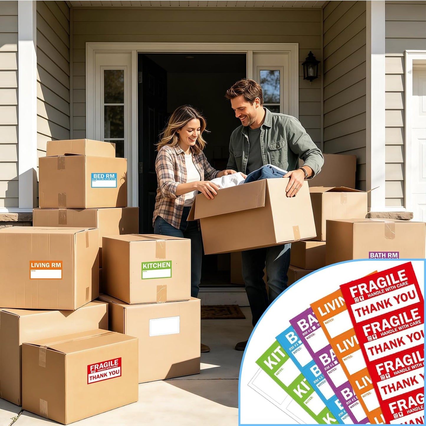 300PCS Home Moving Labels-3.6 x 2 inches,5 Color Coded Packing Box Stickers with 50 Fragile Stickers & 50 Blank Labels for Home Organization Moving Supplies Storage Bins