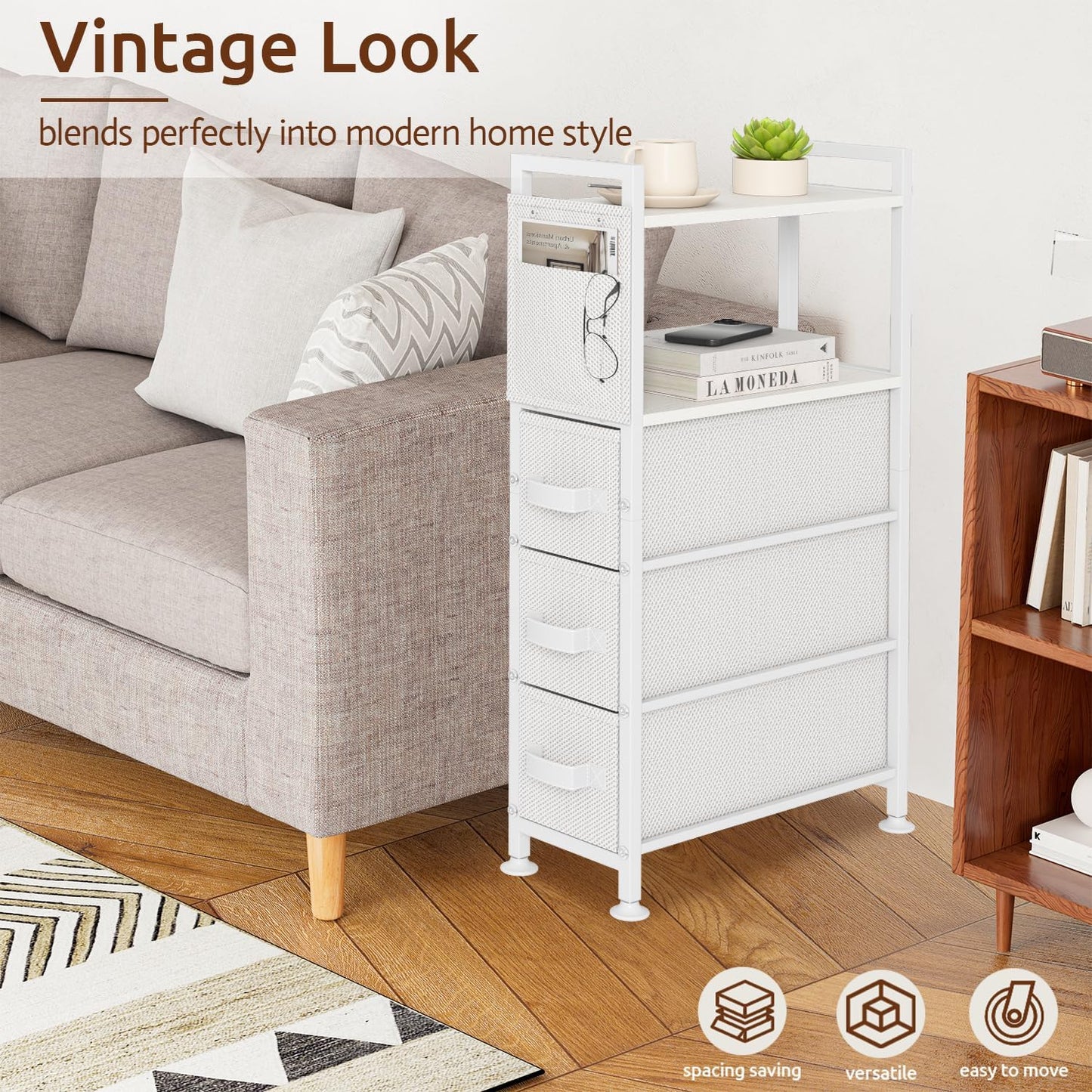 Oppro Small Narrow Side End Table, 2 Drawer Slim Nightstand Bedside Sofa Table with Wheels, Space Saving Rolling Skinny Thin Desk with Storage Bag for Bedroom Living Room Couch Bathroom Dorm