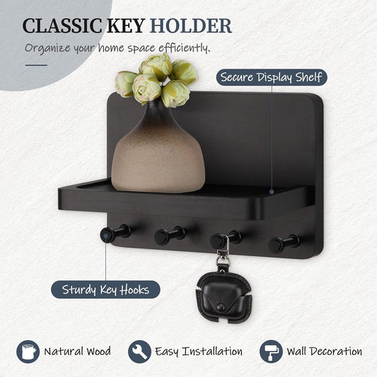 Nekon Key Holder for Wall with Shelf, Pine Wooden Key Hanger Wall Mounted, Farmhouse Wall Organizer for Home Entryway & Apartment (Standard, Wood)