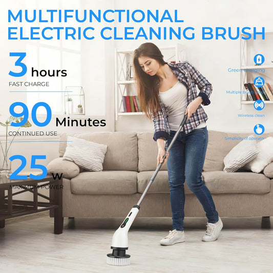 Electric Spin Scrubber for Bathroom, Cordless & Rechargeable with 6 Interchangeable Heads, Extendable Long Handle 48 in for Tile, Grout, Tub & Floor Cleaning