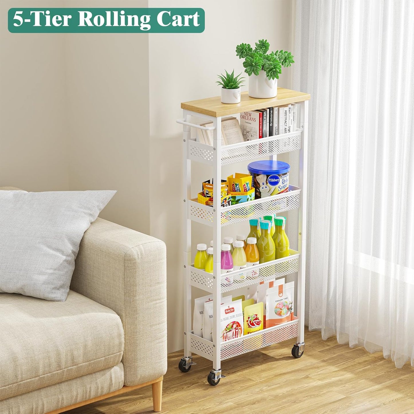Giwil Slim Storage Cart 5 Tier Narrow Kitchen Rolling Cart on Wheels for Small Space, Metal Utility Cart Narrow Bathroom Storage Cabinet Mobile Shelf Unit Organizer with Wood Top and Handle, Black