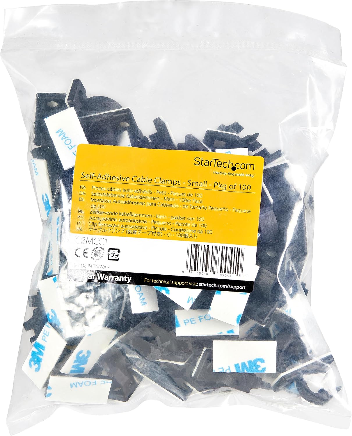 StarTech 100 Adhesive Cable Management Clips, Black, TAA, Sticky (CBMCC2) | Nylon Self Adhesive Clamp UL/94V-2 Fire Rated, Network/Ethernet/Office Desk/Computer Cord Organizer, Wire Holders