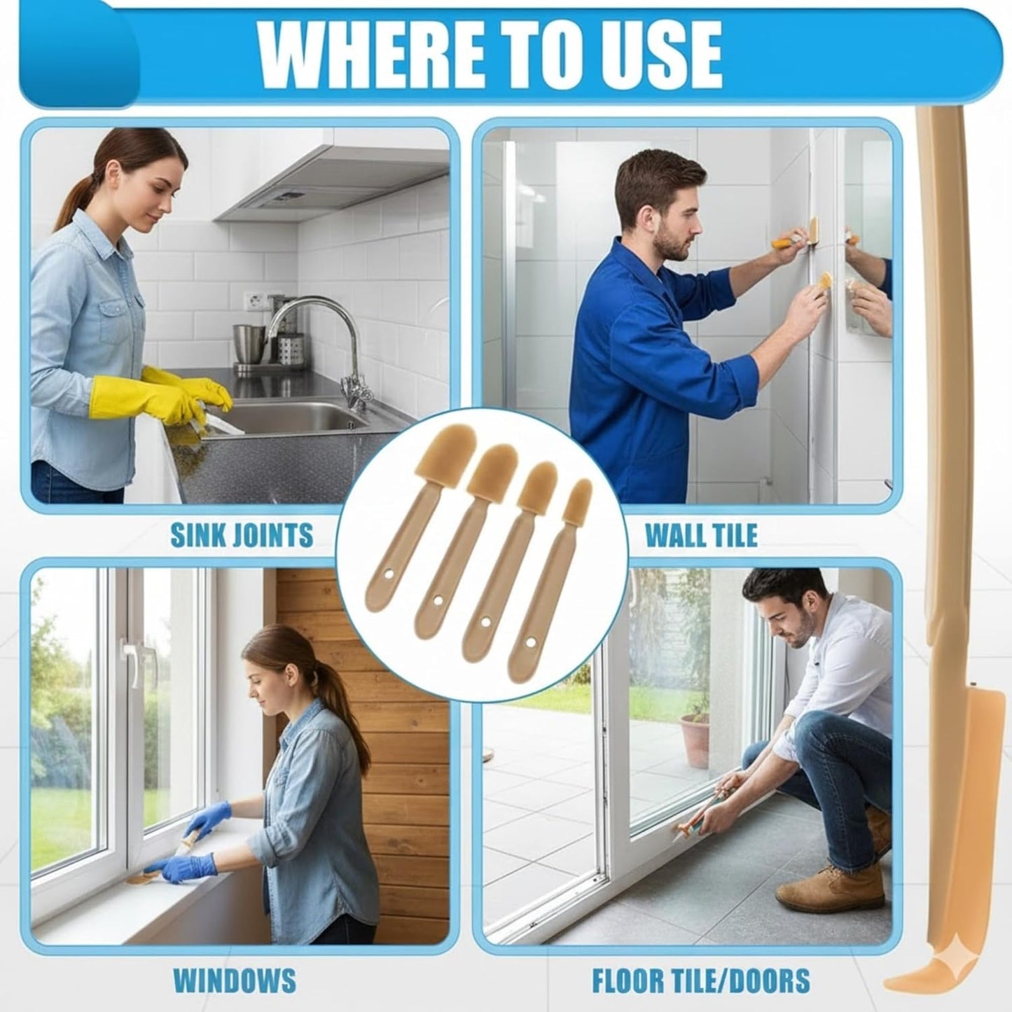 17PCS Rubber Caulking Spatulas Tool Set – 4 Size Silicone Sealant Finishing & Rubber Caulk Grout Spreader Applicator Kit with ABS Handle for Windown Kitchen Bathroom Floors Tiles Walls Brick Skirting