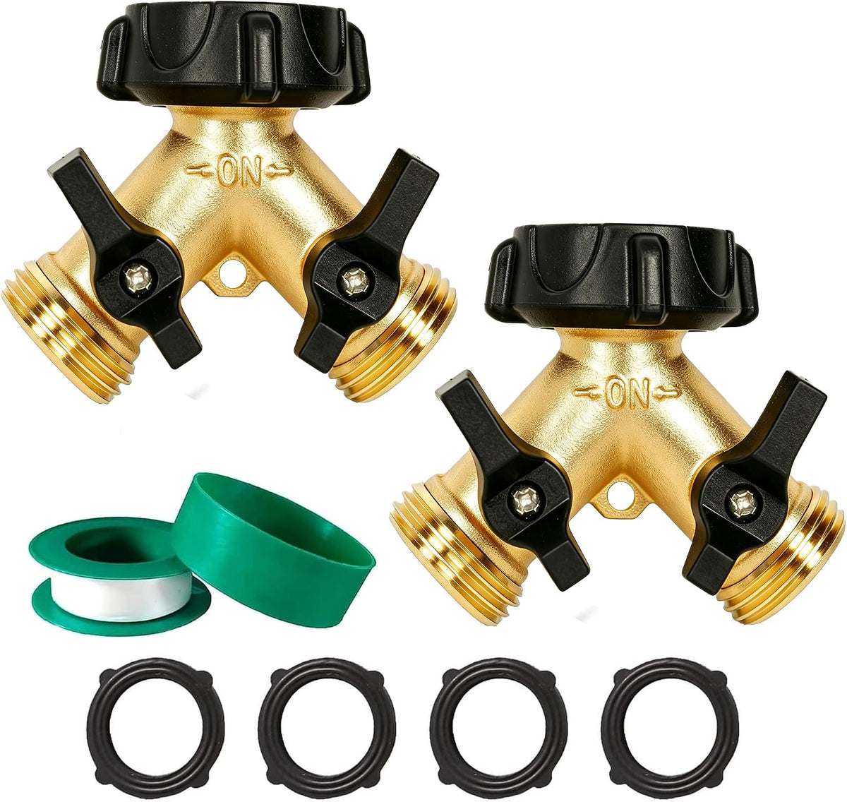 LIULO TOOL Brass Garden Hose Splitter 2 Way, Hose Y Splitter 3/4 Inch Heavy Duty Brass Hose Connector Tap Splitter, Hose Spigot Adapter 2 Valves with Rubber Washers