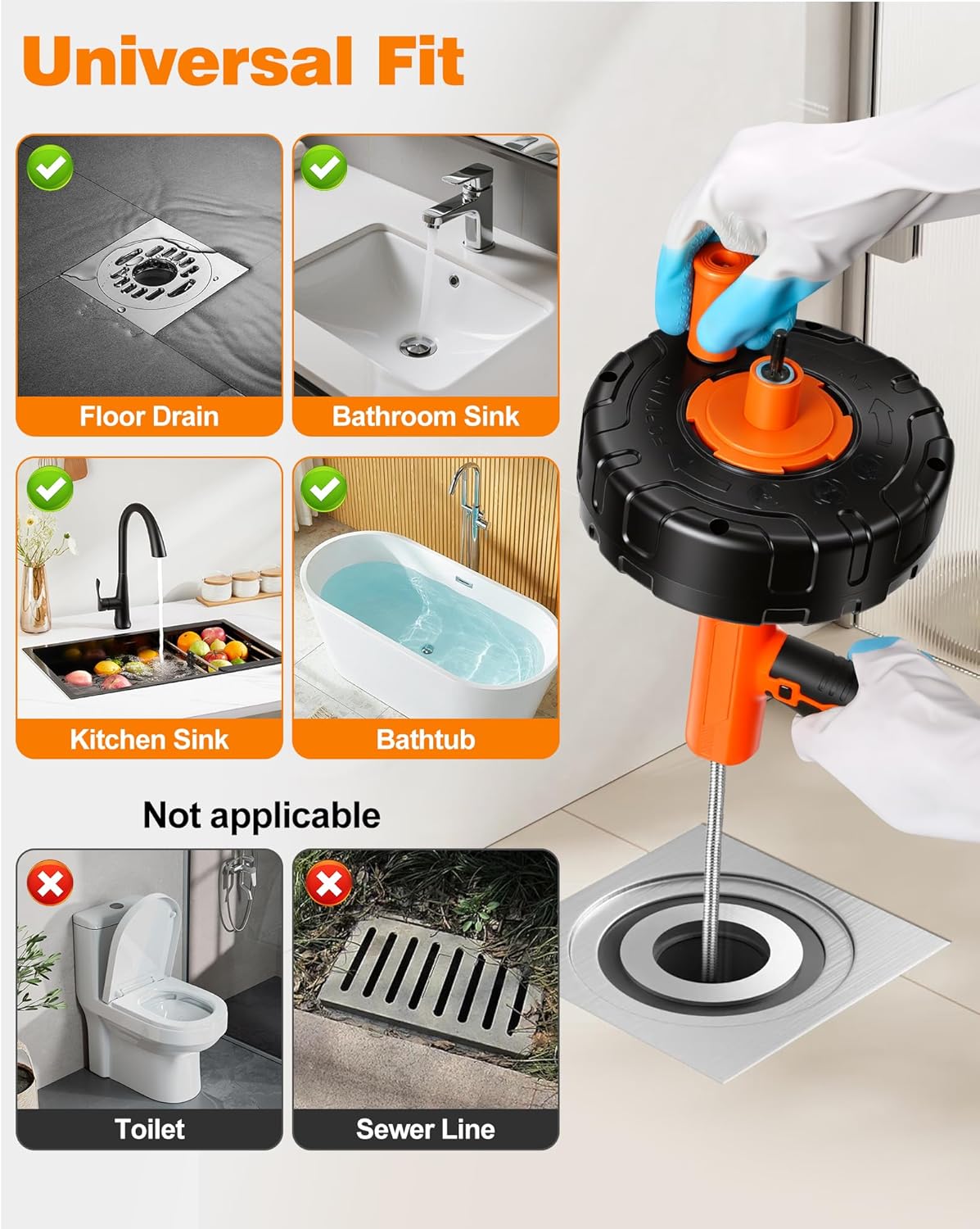 Drain Auger 33 ft, Auto Feed Drain Snake with Drill Adapter, Heavy Duty Plumbing Snake Hair Clog Remover Tool Kit with Gloves & Brushes for Kitchen Sink Shower Bathtub Bathroom Toilet Clog Removal