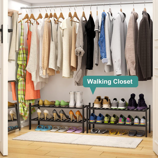 viewcare 3-Tier Black Bamboo Shoe Rack for Entryway, Stackable | Foldable | Natural, Shoe Shelf Storage Organizer for Hallway Closet, Free Standing Shoe Racks for Indoor Outdoor