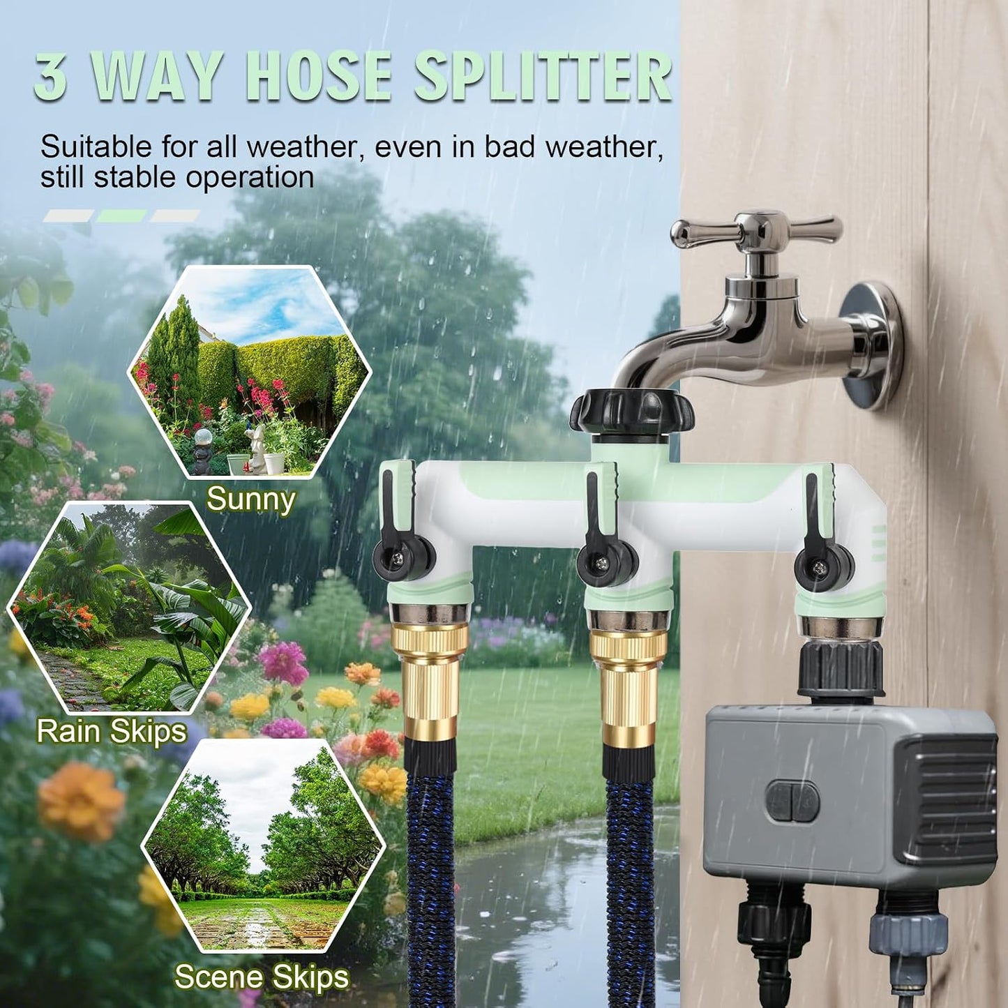 ATAOSGRGarden Hose Splitter 3 Way, 3/4" Outdoor Faucet Splitter, Tap Connector with On/Off Valves and Extended Handle, Tap Adapter Garden Hose Connector for Garden Outdoor Home - Greens