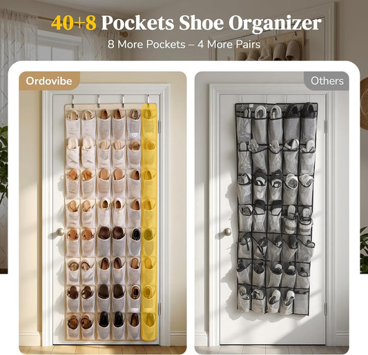 48 Pockets Over the Door Shoe Organizer, Large Mesh Hanging Shoe Rack, 6-Column Heavy Duty Shoe Storage for Sneakers and Heels, Behind Door Holder for Entryway Bedroom Dorm College, Black