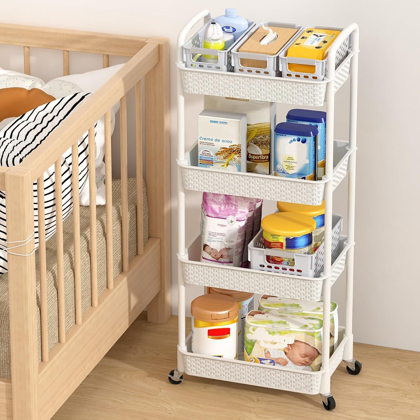 MOYIPIN 3-Tier Plastic Rolling Utility Cart with Handle,Utility Storage Cart for Office, Living Room, Kitchen,Movable Storage Organizer Shelves,White