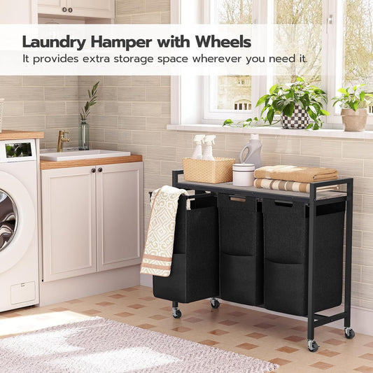 HOOBRO Laundry Sorter 3 Section, Laundry Hamper with Wheels, 3 × 11.5 Gal (43.5 L), Rolling Laundry Basket, Pull-Out and Removable Oxford Fabric Laundry Bags, Rustic Brown and Black BF76XY01