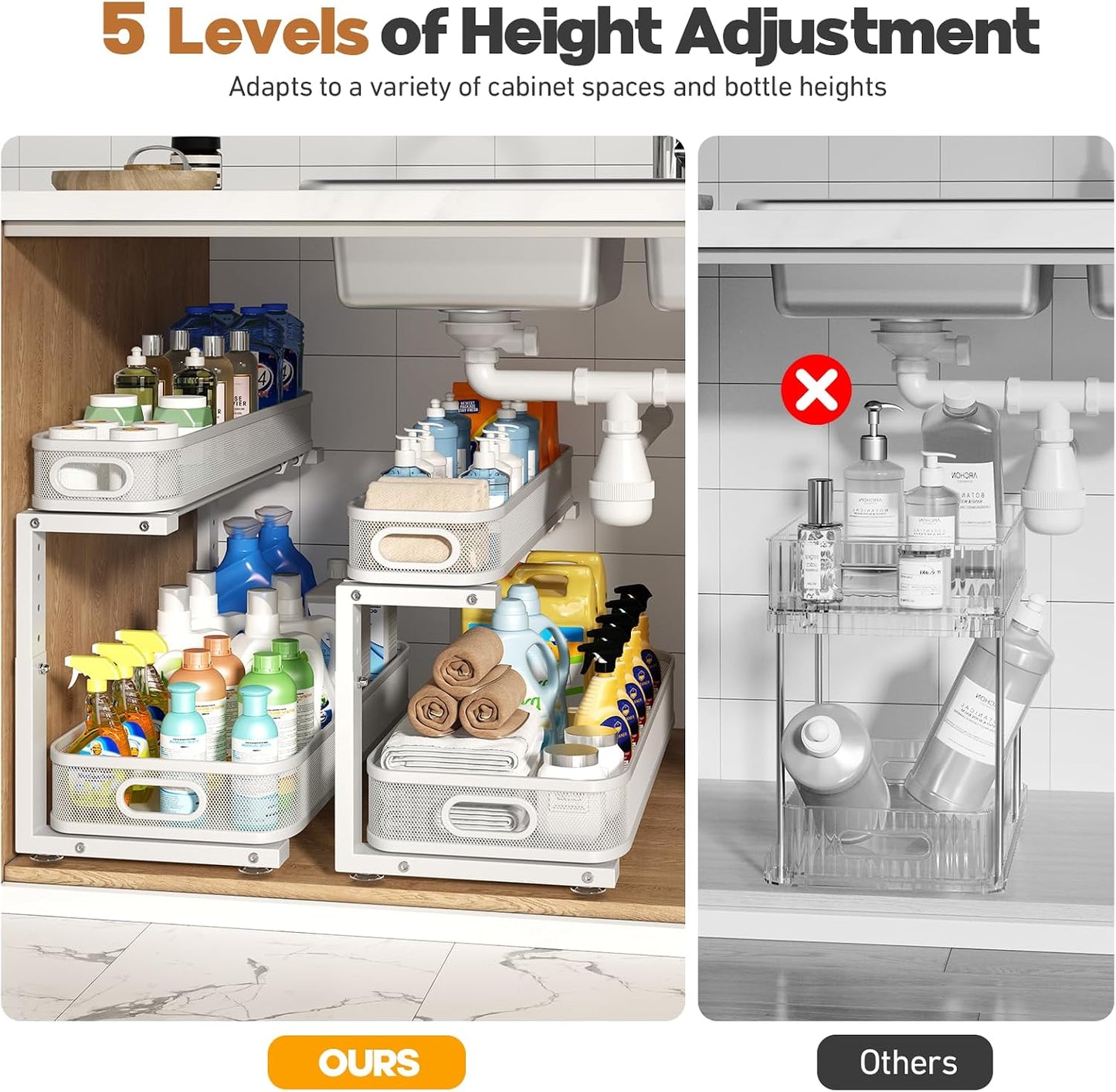 2 Pack Under Sink Organizer With Smooth Cylindrical Rail,2-Tier Pull Out Multi-Purpose Cabinet Storage for Bathroom&Kitchen,Height Adjustable,Rust-resistant Coating-White