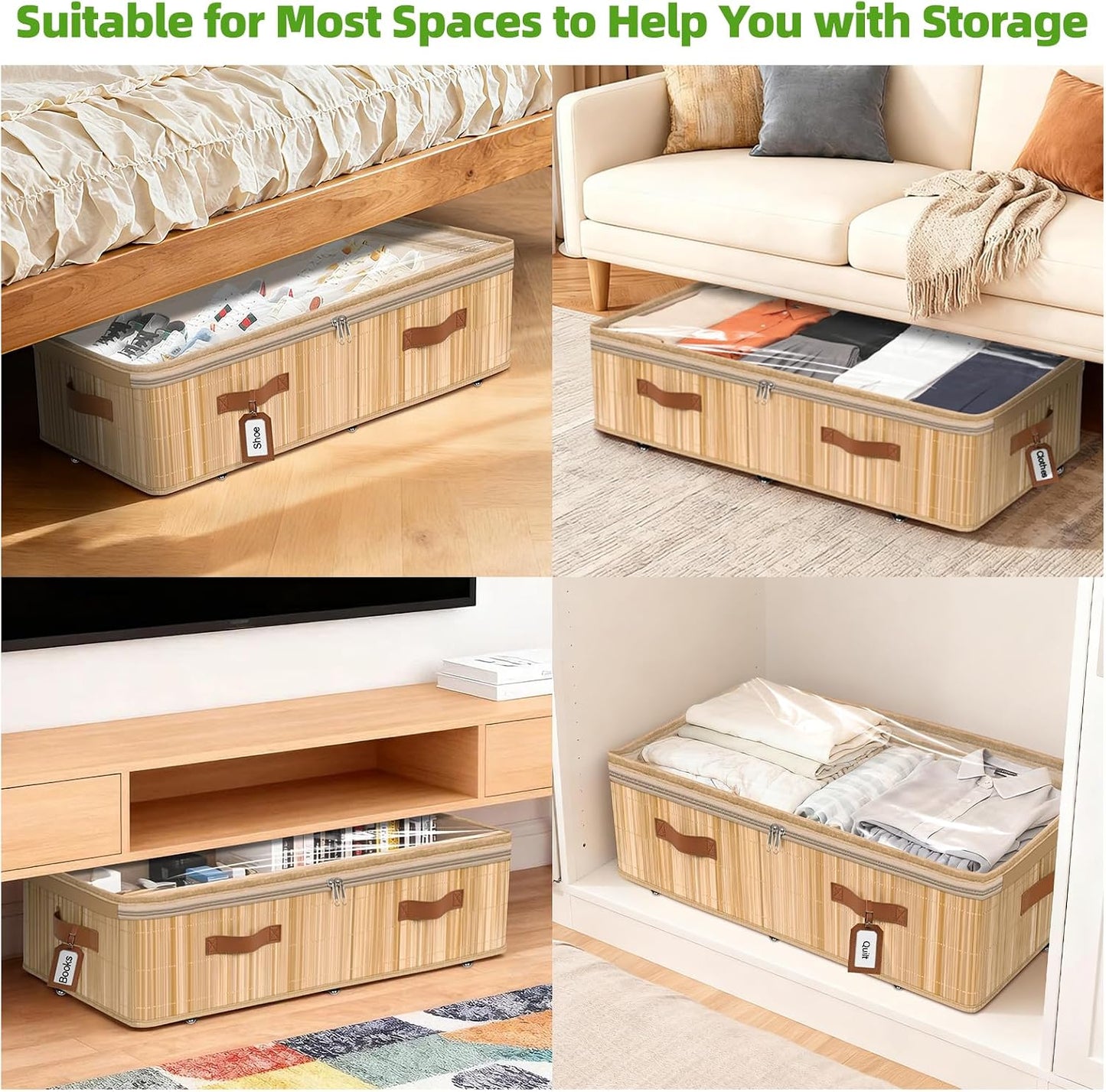 Livole 2 Pack Bamboo Under Bed Storage Containers with Wheels | Breathable Bamboo, Invisible Wheels, 6 inches Height, 56L Large Capacity, Easy Setup, Handles, Clear Lid