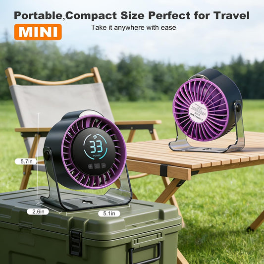 Clip On Rechargeable Fan with LED Light 100 Speed (Need Long Press), 720° Adjustment, Small Protable Desk Fan Quiet Clamp Base 12H Battery, 7 Blades for Dorm Bedroom Travel Camping
