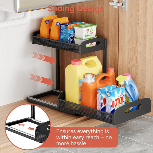 YASONIC 2 Pack Under Sink Organizer, 2 Tier Height Adjustable Kitchen Cabinet Organizer, Pull Out Metal Cabinet Shelf Organizer, Under the Sink Organizers and Storage for Kitchen & Bathroom, Black
