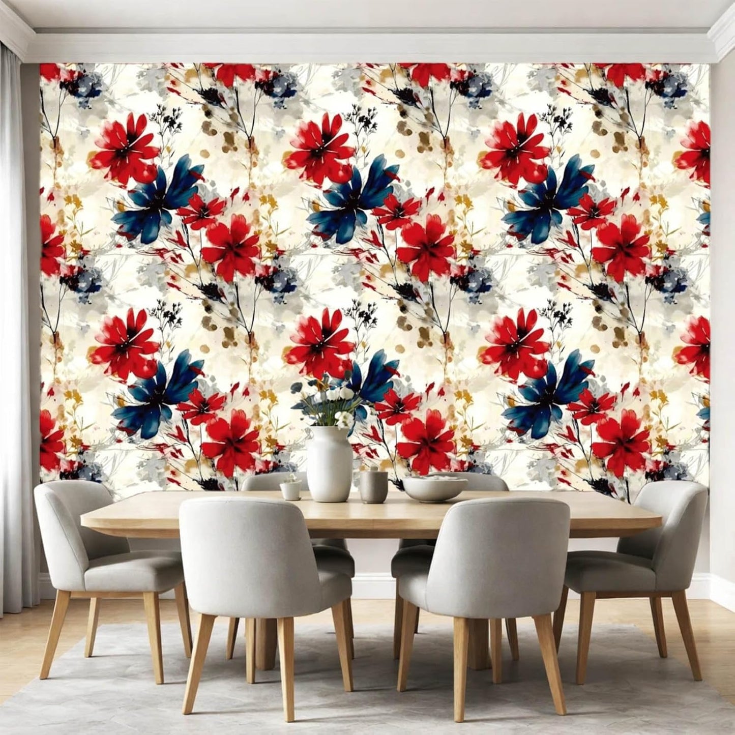 Red Watercolor Floral Peel and Stick Wallpaper Removable Self Adhesive Floral Wall Covering for Living Room Bedroom Accent Wall 17.7 x 70.8 in