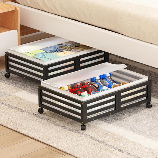 Under Bed Storage with Wheels-Large Bamboo Underbed storage Containers with Large Dust Bag Stackable Under the Bed Shoe Storage Bins for Clothes Books Bedding (2 Packs Nature, 23.62"L×16.54"W× 6.51"H)