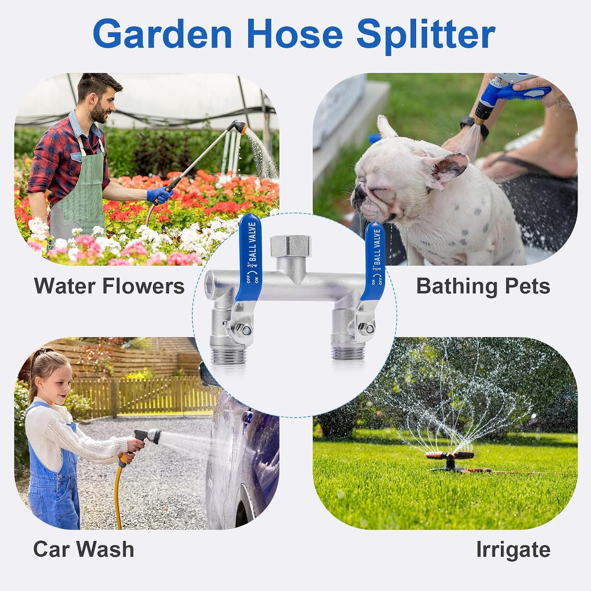 2 Way Garden Hose Splitter, 304 Stainless Steel T Valve, Full Flow with Long Handle, Lead-Free Rust & Freeze Resistant, 3/4" GHT Thread Outdoor Hose Adapter