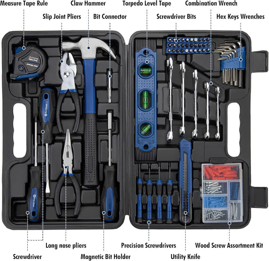 CARTMAN 152-Piece Household Tool Set, Blue Hand Kit With Storage Case Box | Complete tool assortment for home repairs, office fixes, dorm needs, furniture setup, crafting, and everyday household fixes.