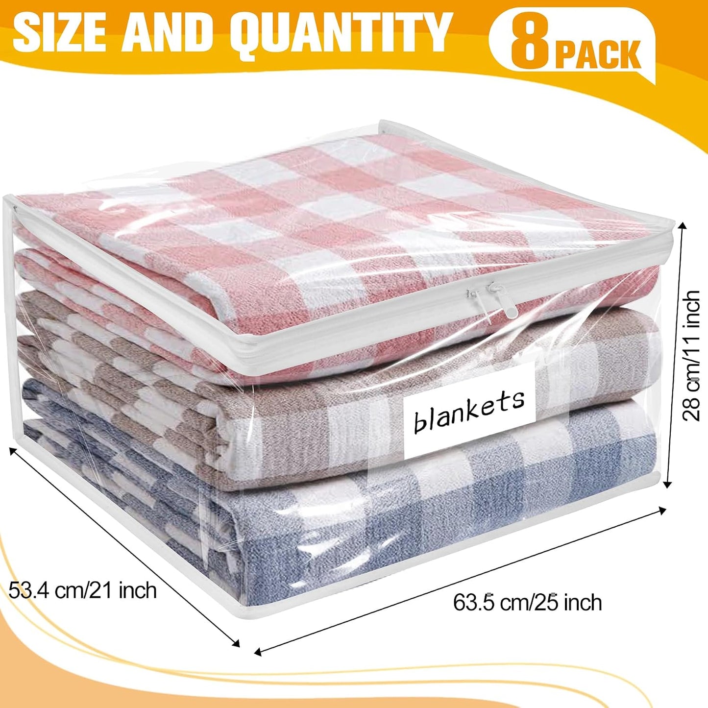 Plastic Storage Bags with Easy-Glide Zipper, Pack of 8, Durable Clear Vinyl Zippered Storage Bags for Clothes Sweaters Comforters Blankets Sheets Bedding (15.7 x 13.8 x 3.9 Inch, White)