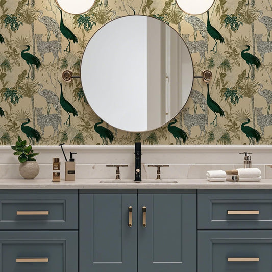 Peel and Stick Wallpaper, Leopard, Crane & Tropical Plant Pattern, Self - Adhesive Removable, PVC Contact Paper for Bedroom/Living Room/Kitchen/Bathroom/Cabinet, Renter Friendly 