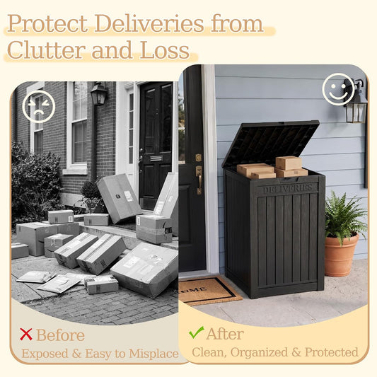 Outdoor Storage Box, 90 Gallon Package Delivery Boxes for Outside, with Lockable Secure, Deck Box Outdoor Waterproof for Entryway, Front Porch, Backyard, Garden, Patio, Lawn, Black