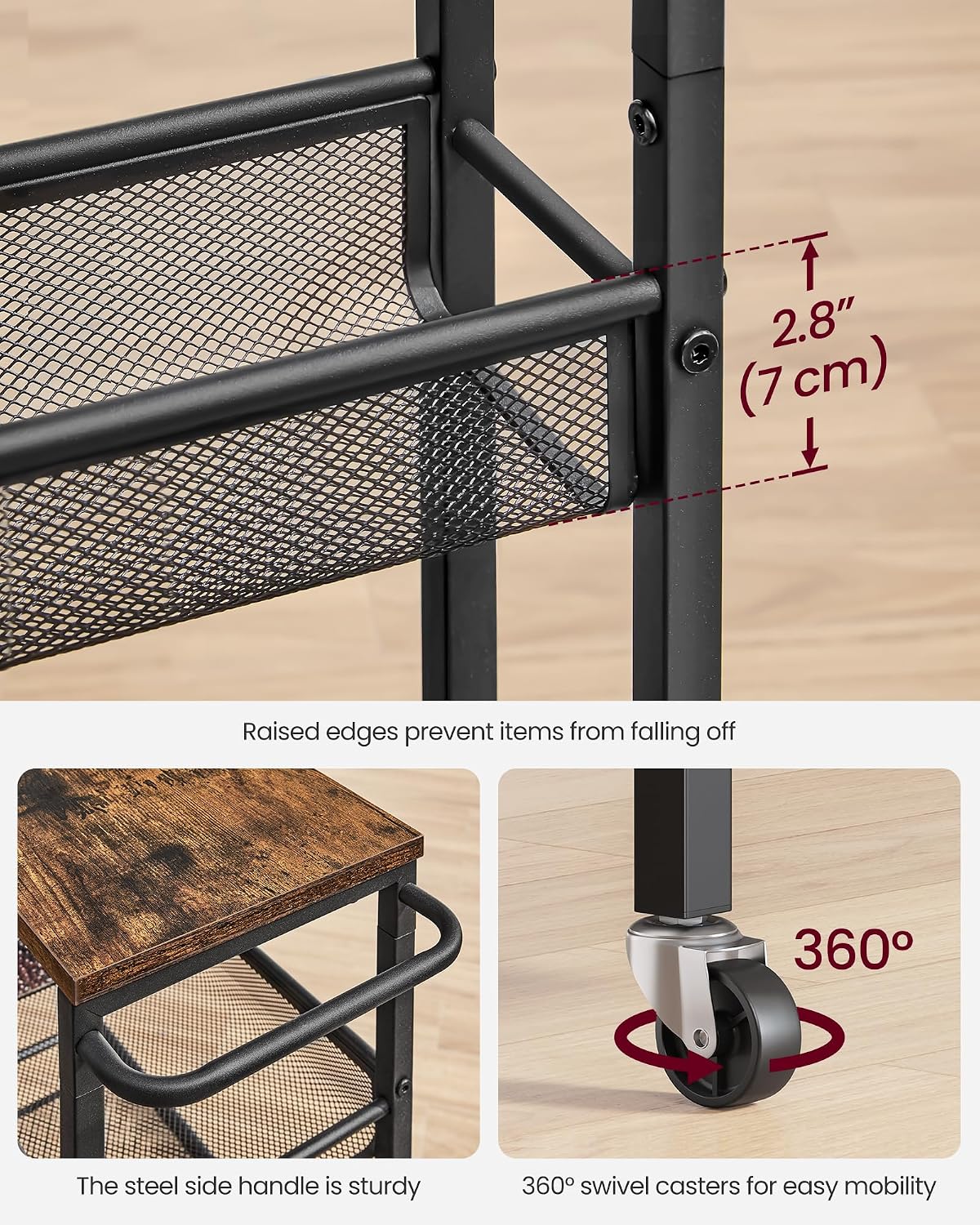 VASAGLE Slim Rolling Cart, 4-Tier Narrow Storage Cart with Handle, 5.1 Inches Deep, Metal Frame, for Kitchen, Dining Room, Living Room, Home Office, Rustic Brown and Classic Black ULRC032B01V1