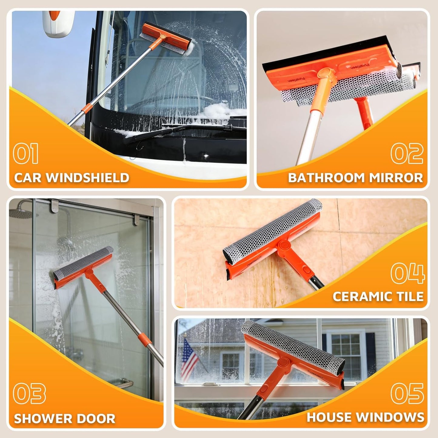 Window Squeegee with 62" Adjustable Stainless Steel Pole —2-in-1 Sponge Scrubber &Streak-Free Blade, No Ladder for 1-Story &Skylights,Car &RV Windshields,Shower Doors,Tile Orange
