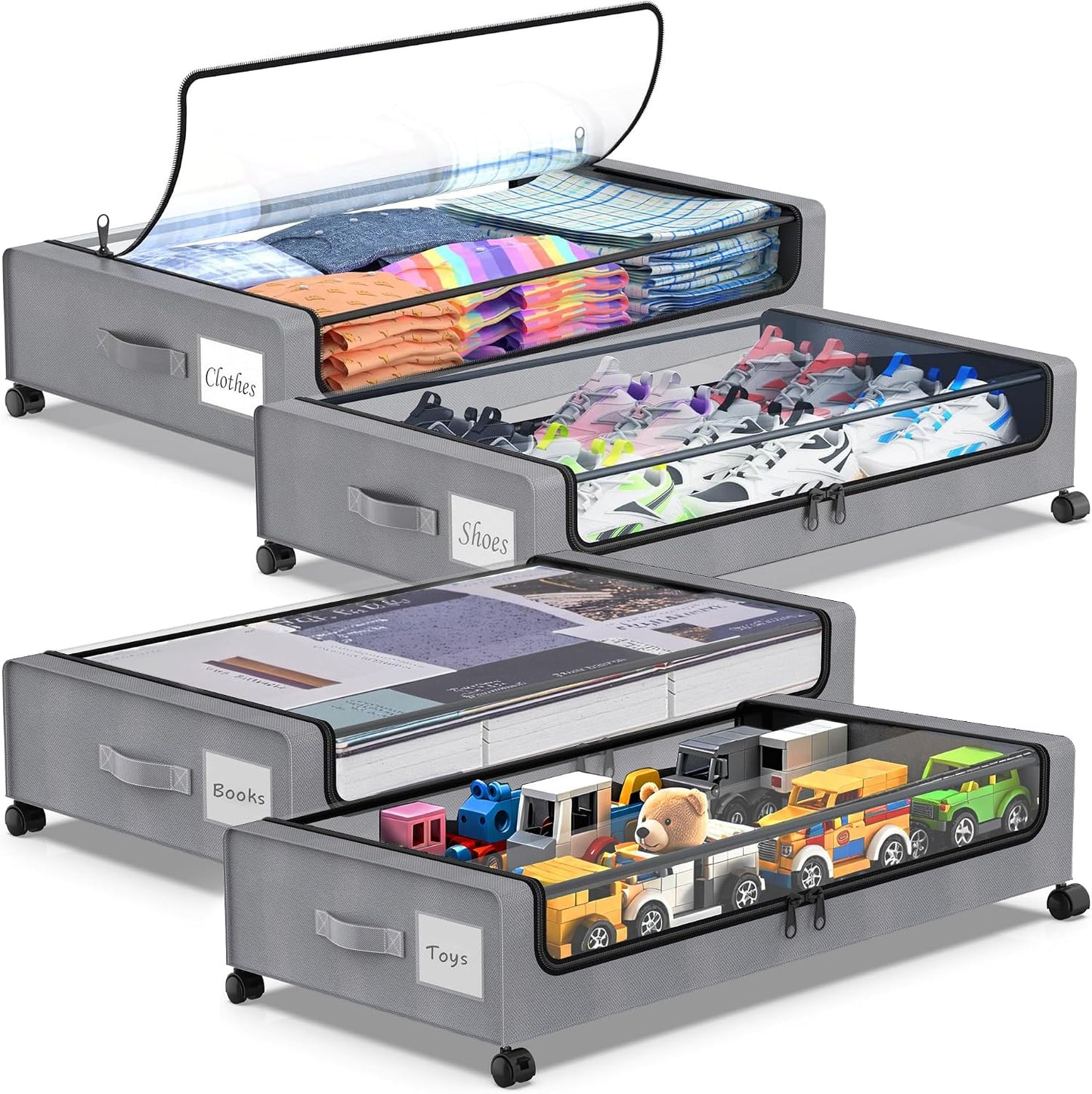 Molutsody Under Bed Storage with Wheels, 2-Pack Underbed Storage Containers with Clear Lids, Under Bed Shoe Storage Organizer, Rolling Under the Bed Storage Bins for Clothes Shoes Blankets (Black)