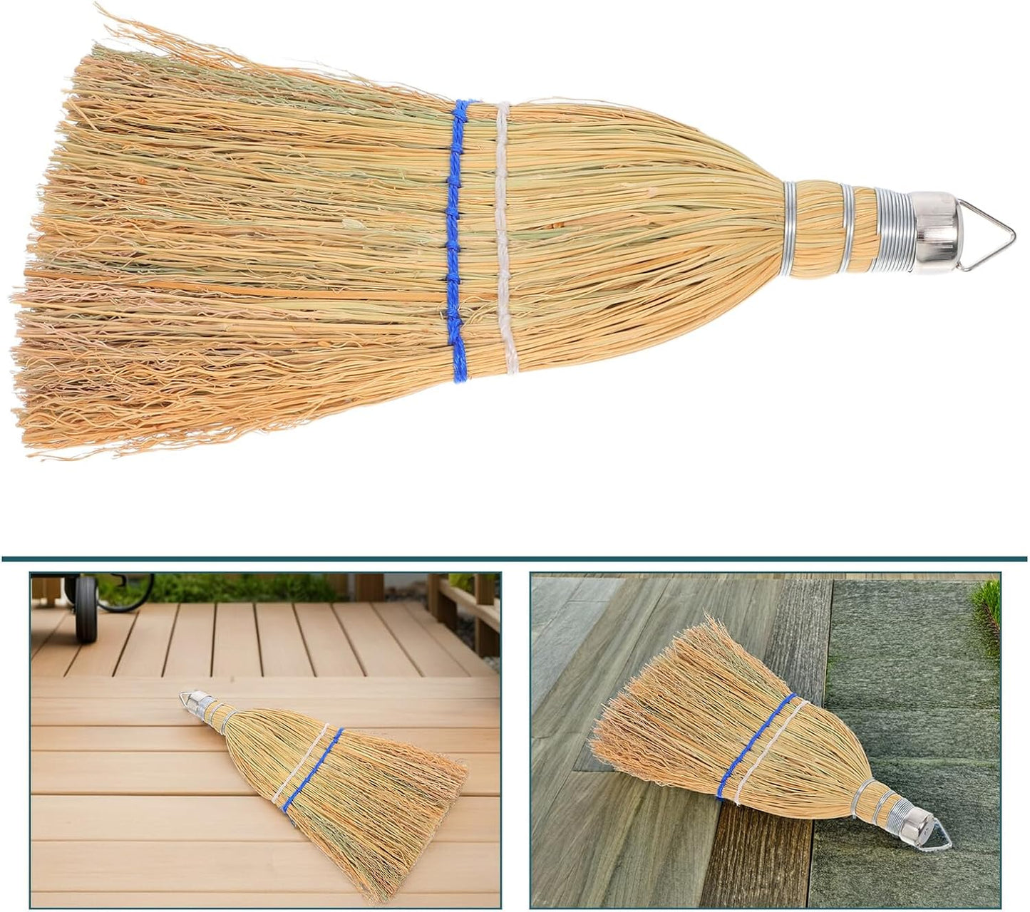 Outdoor Heavy Duty Patio Broom with Hanging Loop, Handheld Leaf and Garage Sweeping Brush for Courtyard and Concrete Cleaning