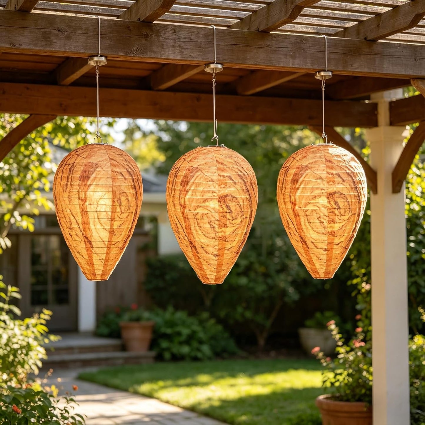 Fake Wasp Nest 4 Pack, Upgraded Waterproof Wasp Nest Decoy Outdoor Hanging, Realistic Artificial Hornet Nests with Stainless Steel Frame for Patio, Porch, Garden, Backyard, Under Eaves