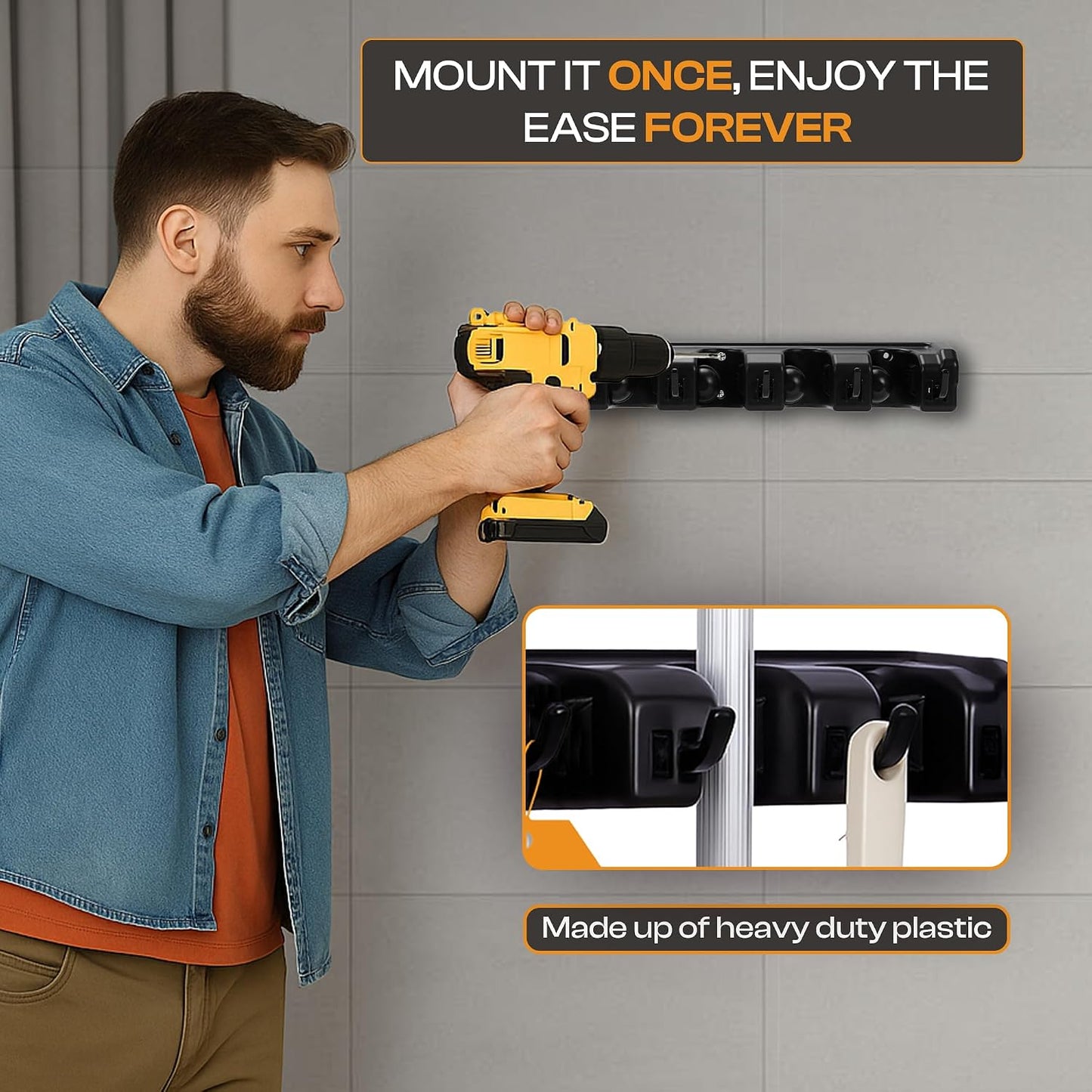 Heavy-Duty Stainless-Steel Broom Holder Wall Mount with 3 Racks and 4 Hooks | Waterproof Mop and Broom Hanger | Adjustable, Garage & Garden Tool Organizer | Black