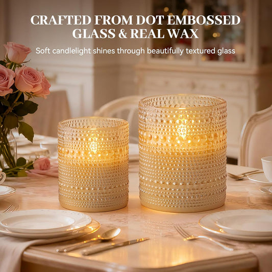 Dotted Glass Flameless Candles with Remote Timer, Real Wax Battery Operated LED Pillar Candles with 3D Flickering Flame for Festival Wedding Home Party Decor, 3" x 4", 4" x 5", Set of 2 (White)