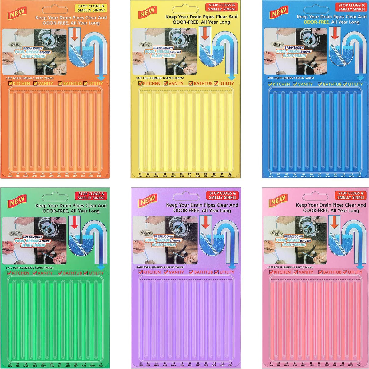 72pcs Drain Cleaner Deodorizer Sticks - Keep Drain Pipes Clear, Prevent Clogs for Kitchen, Bathroom, Toilet (6 Color)
