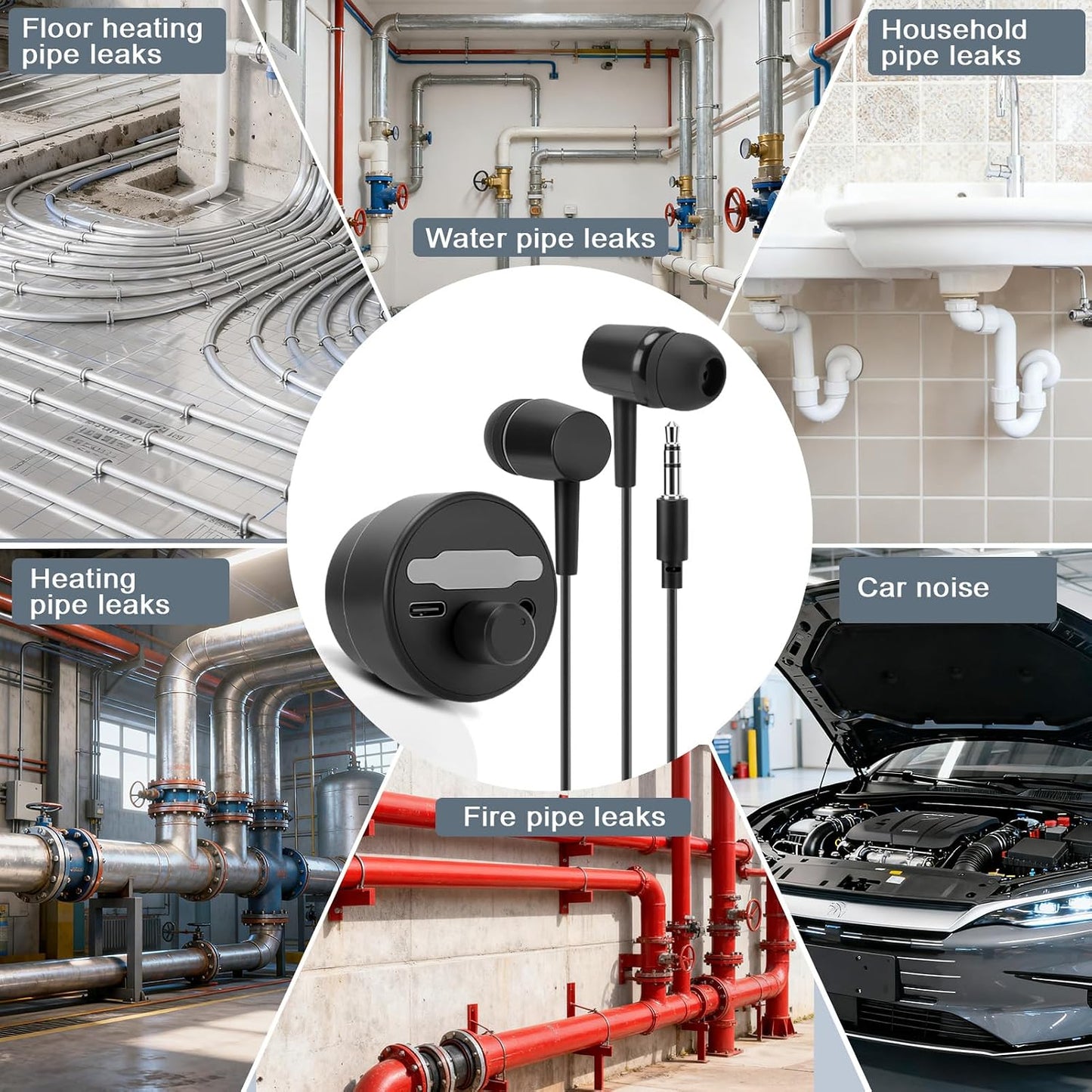 Water Leak Detector, Underground High Sensitivity Water Leak Detector with Headset, Water Leak Detection Device for Water Leakage Detection Construction Pipelines (with Large Earphone)
