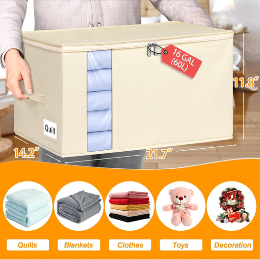 60L Blanket/Comforter Storage Bag w/Rigid Side & Bottom Support, Stackable Clothes Storage Bin for Sweaters Bedding Sets Quilts Pillows, Closet Organizer, 21.7x14.2x11.8in, 2 Pack, Gray