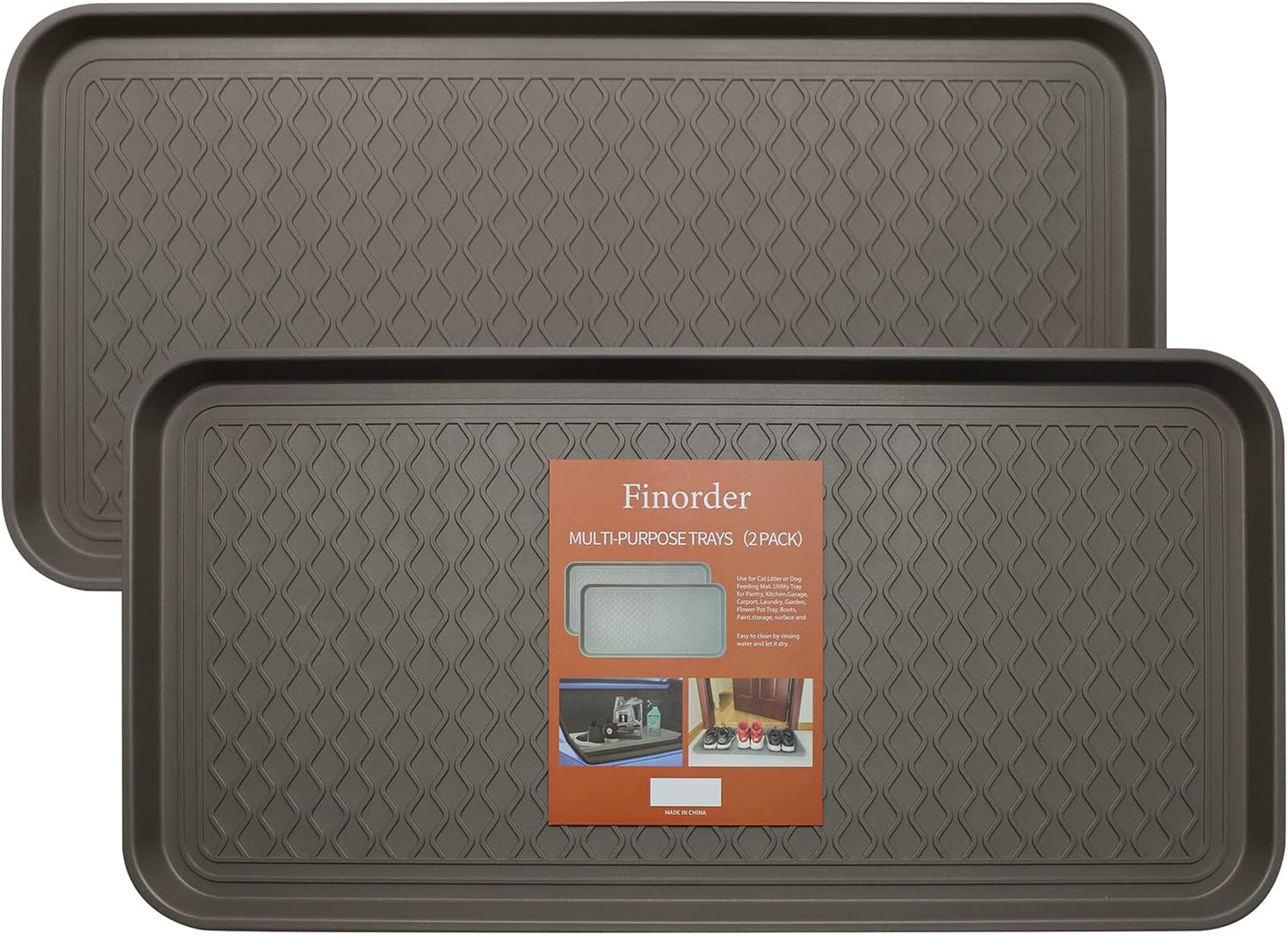 Finorder Multi-Purpose Boot Trays, Set of 2 Black All Weather Heavy Duty Shoe Trays, Pet Feeding Mat, Use for Indoor and Outdoor, 30" x 15" x 1.2"