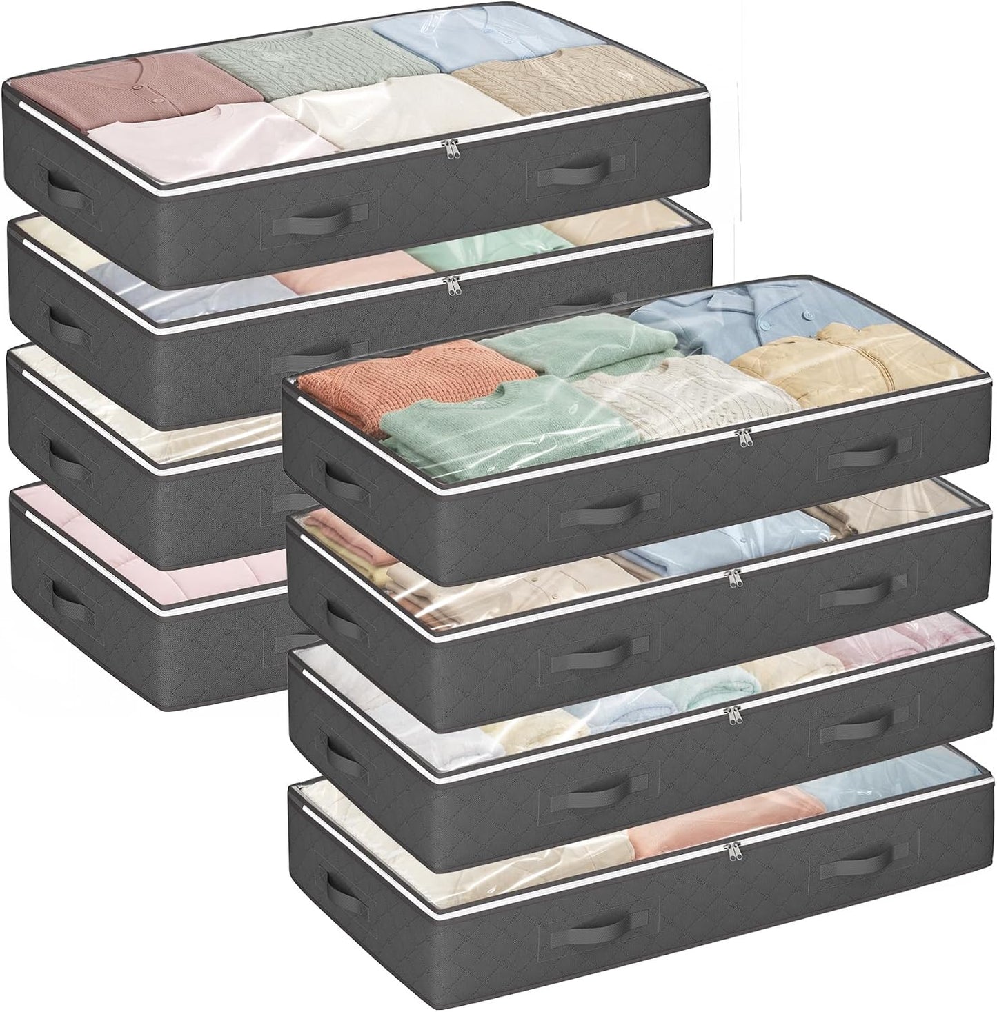 Budding Joy 90L Under Bed Storage Containers, 4 Pack Closet Organizers Grey | Foldable underbed storage bins for linen sheets, blanket, clothing, comforter, sweaters, pillows, wrapping paper