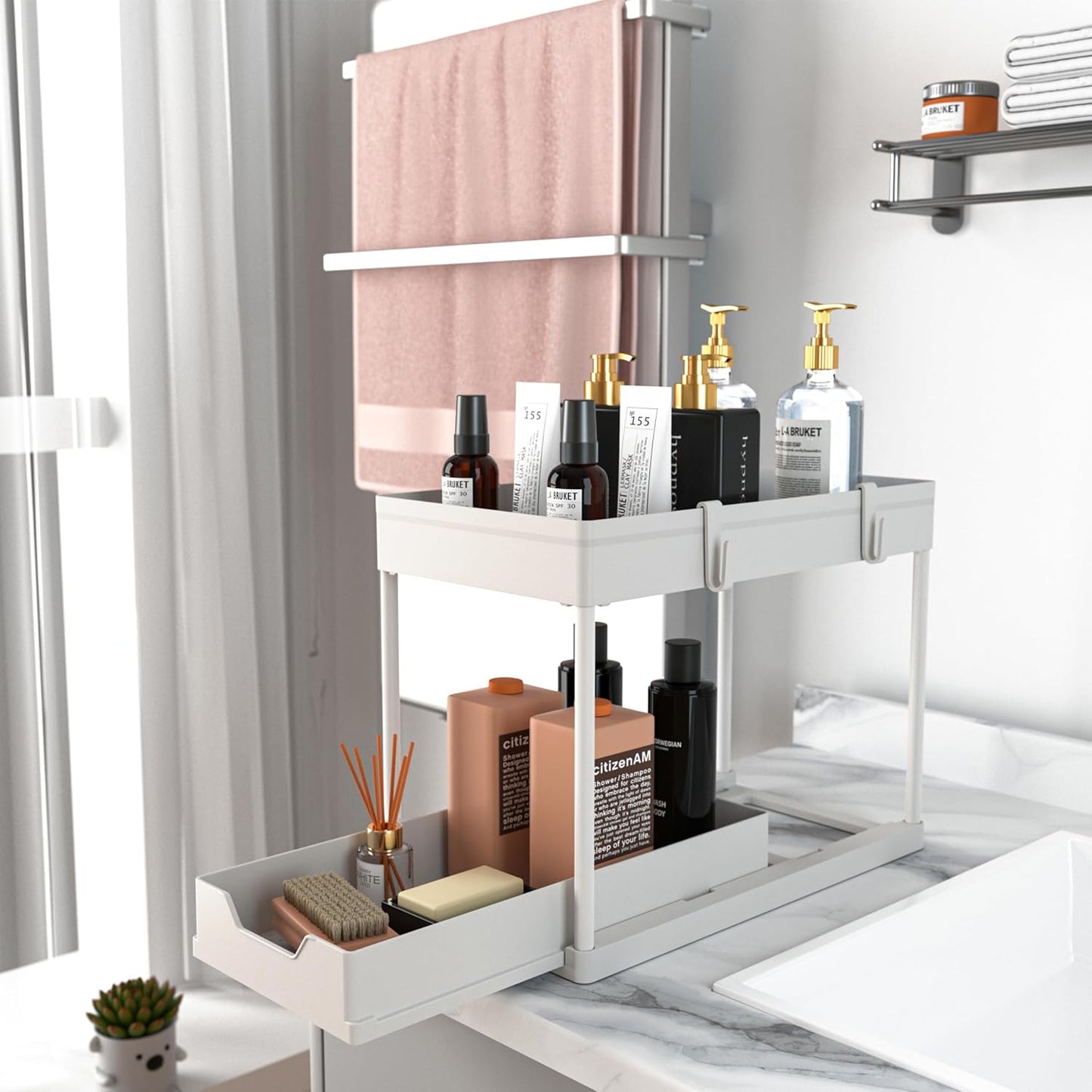 MEAFBIRD 2 Pack Under Sink Organizer, 2 Tier Bathroom Cabinet Organizer with Sliding Basket, Multi-Purpose Under Sink Organizers and Storage for Bathroom Kitchen (White 2 Pack)