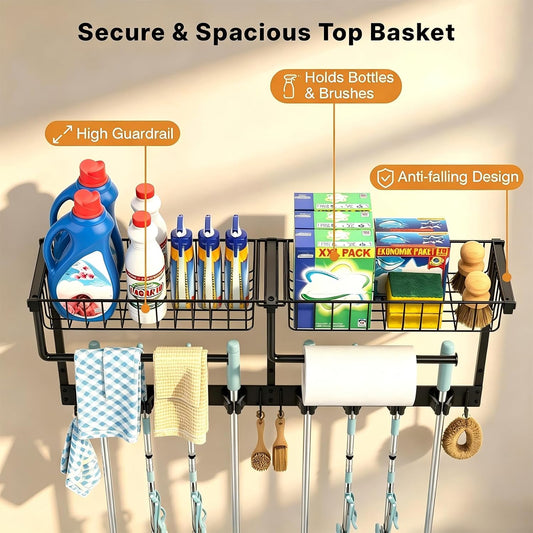 Broom Holder Wall Mount, Broom and Mop Organizer Wall Hanging with Paper Towel Holder & Removable Anti-fall Basket, Wall Mount Cleaning Supplies Organizer for Laundry Room, Apartment, Utility Room