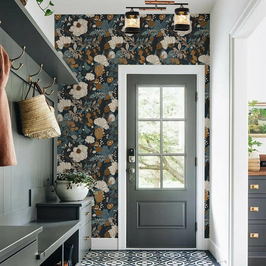 Floral Peel & Stick Wallpaper - Boho Removable Wallpaper for Bedroom & Bathroom - Black/Sand/Oliva - Easy Peel Off - Vintage - Renter Friendly - 118.1" X 17.7"