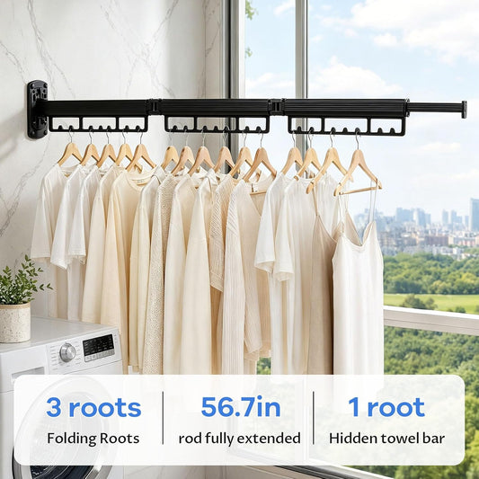 Foldable Wall Mounted Laundry Drying Rack, 3 Fold Retractable Clothes Drying Rack, Durable Clothing Hanger Rack for Laundry Room, Balcony, Bathroom (White)