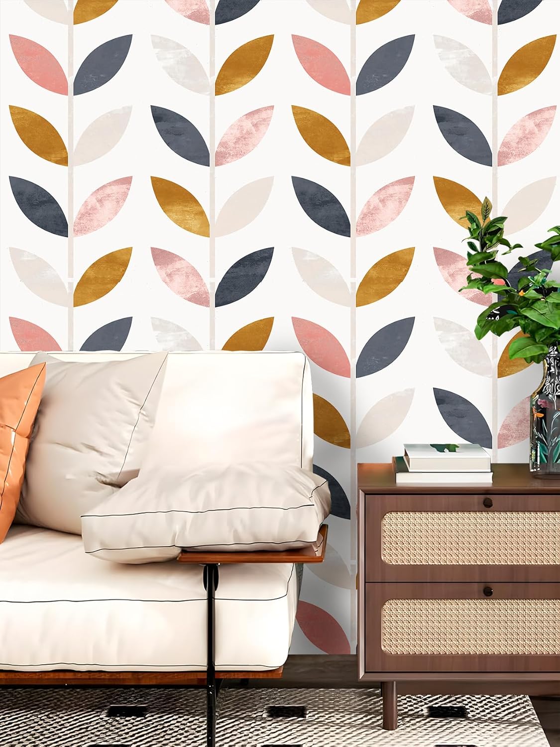 Floralplus Peel and Stick Wallpaper Boho Leaf Removable Wallpaper for Bathroom Renter Leaf Contact Paper for Locker Shelf Liner Vinyl Adhesive Wallpapers Wall Mural Decor 17.5 in x 118 in