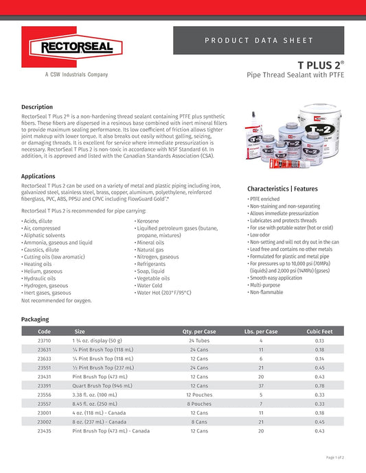 RectorSeal T Plus 2 23710 Pipe Thread Sealant, Non-Hardening, Synthetic Fibers, Contains No Other Metals, PTFE Enriched, Plumbing, 1 3/4 oz.
