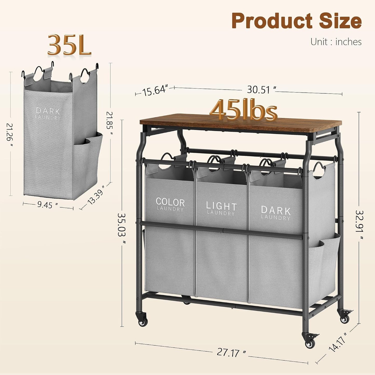 Hoctieon 3 Section Laundry Sorter Cart with Ironing Board, Laundry Hamper with Shelf and Rolling Wheels, Heavy Duty Laundry Basket Organizer, Large Clothes Separator Hamper with Removable Bags, Black