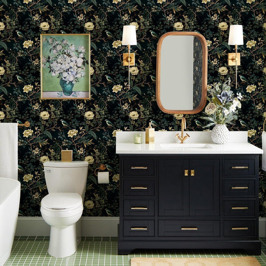 Nukofal Dark Floral Peel and Stick Wallpaper Vintage Floral Contact Paper 16.9inchx118.1inch Flowers Bird Wallpaper Peel and Stick Boho Leaf Self Adhesive Removable for Bathroom Wall Paper Decor