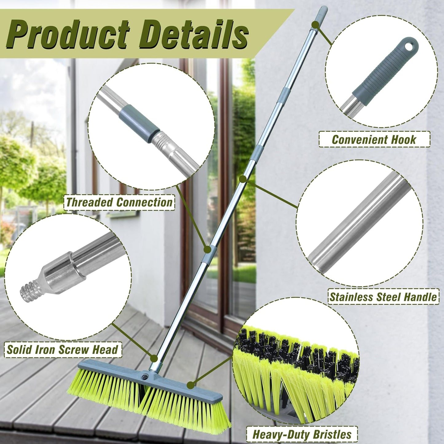 Upgraded 18" Push Broom with Adjustable Long Handle, Total Length is 55", Multi-Surface Floor Scrub Brush for Cleaning Deck, Patio, Garage, Driveway