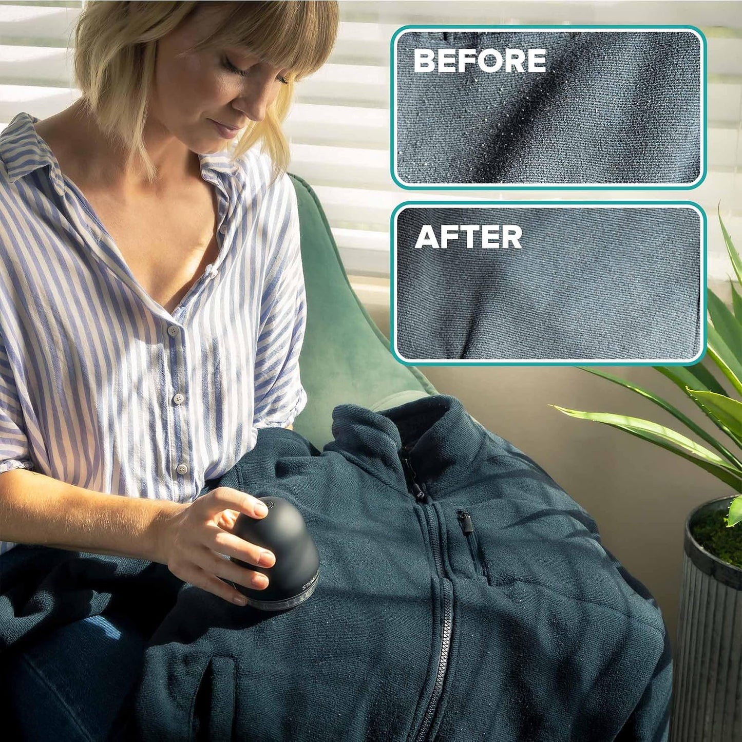 Steam & Go - Fabric Defuzzer, Rechargeable Fabric Shaver and Lint Remover, Portable Sweater Shavers to Remove Pilling, Fuzz, and Fluff, Lint Remover for Clothes and Beddings, Easy to Use Black